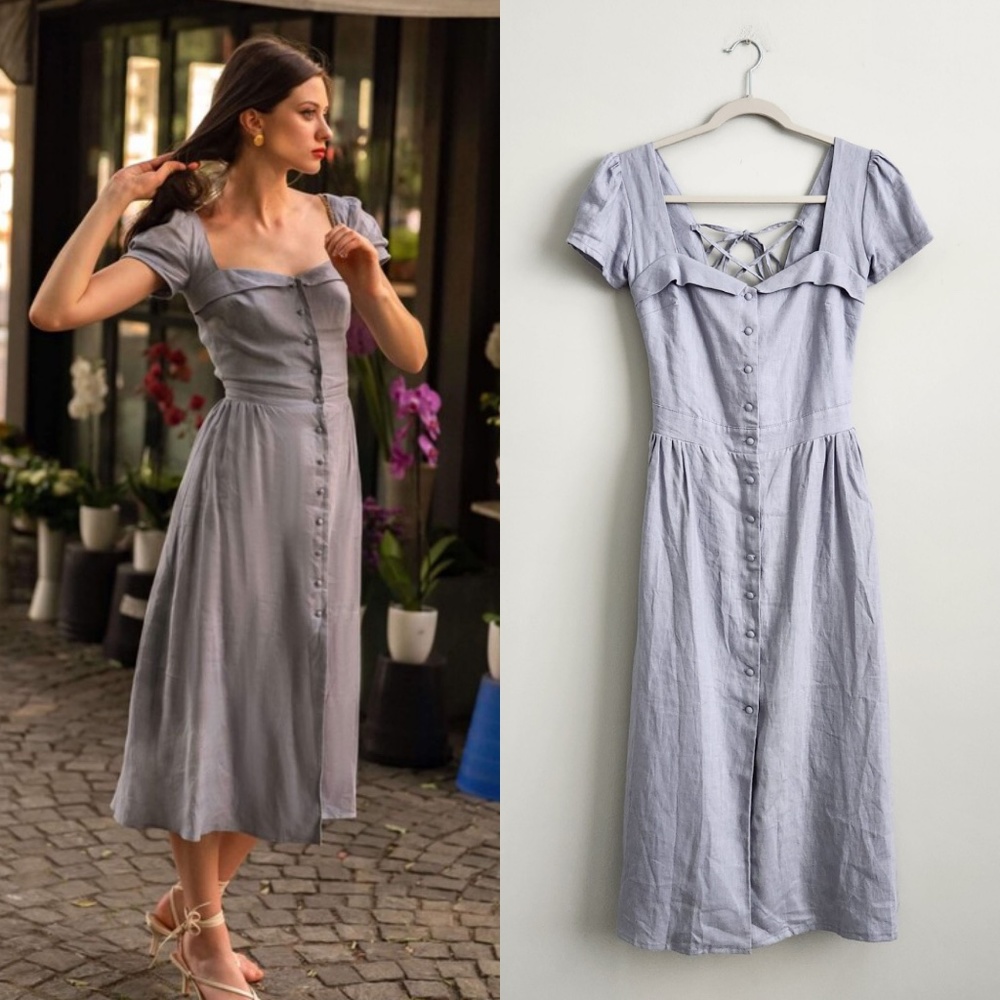 Gaala Paris Estelle Linen Midi Dress in Sky Blue - Size S